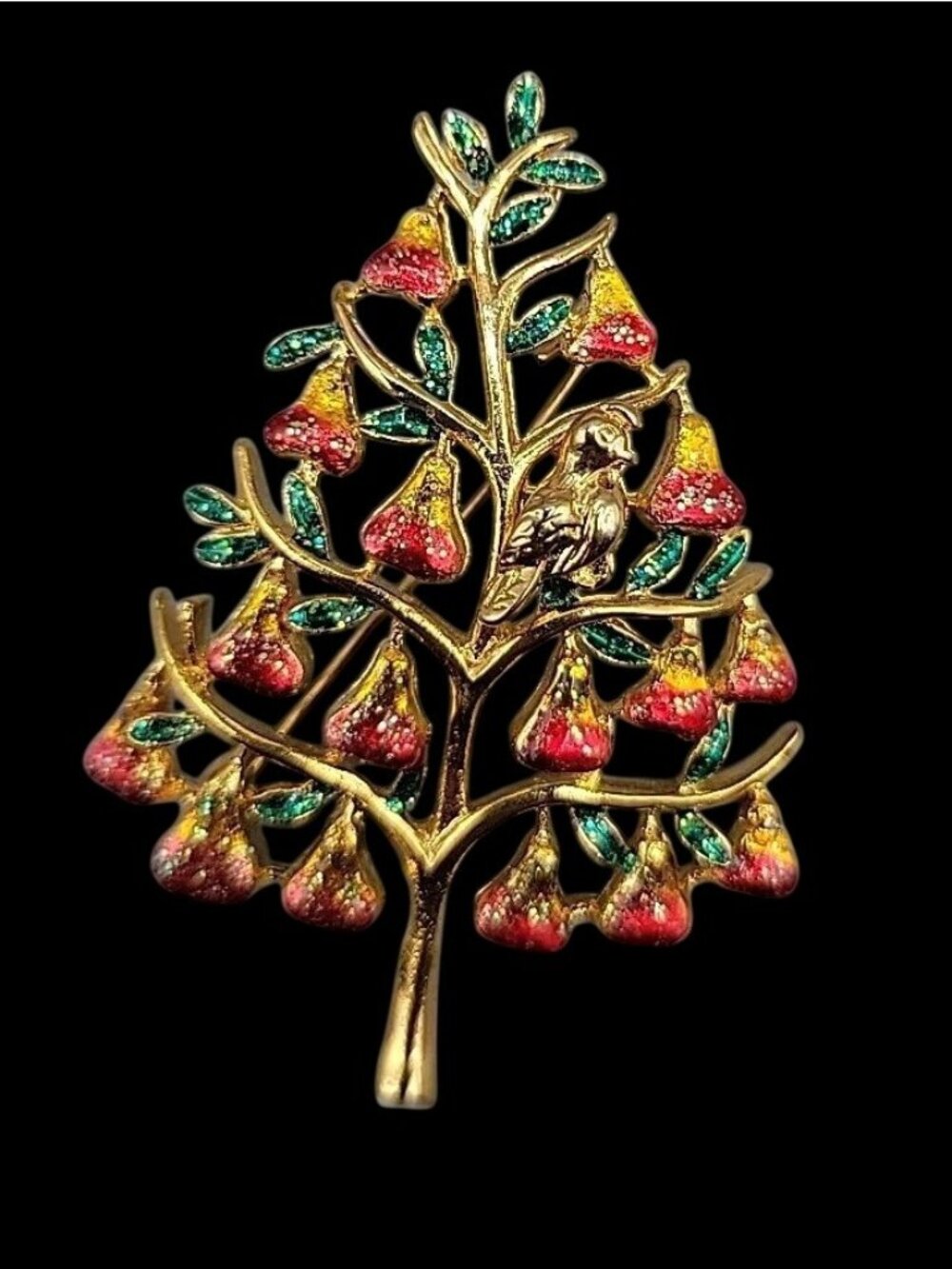 Partridge In A Pear Tree Christmas Brooch Shimmering Enameled Gold Plated
